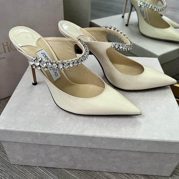 Jimmy Choo Bing 100 Ivory Patent Leather Mules with Crystal Strap - Picture 2 of 15